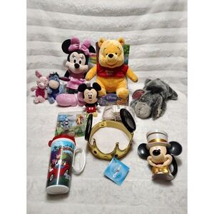 Lof of 11 Disney Plush Stuffed toys Winnie The Pooh Mickey Mouse cups, crown